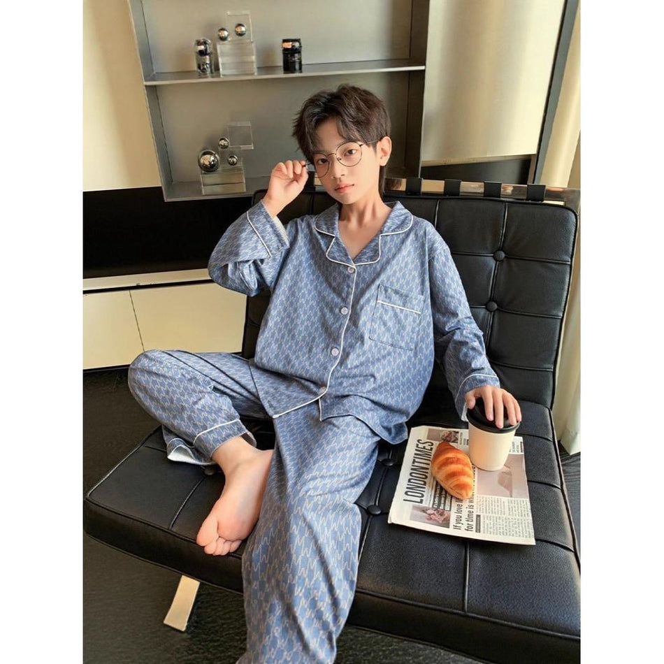Boys' Cotton Pajamas Spring Autumn Cardigan Long Pants Set.