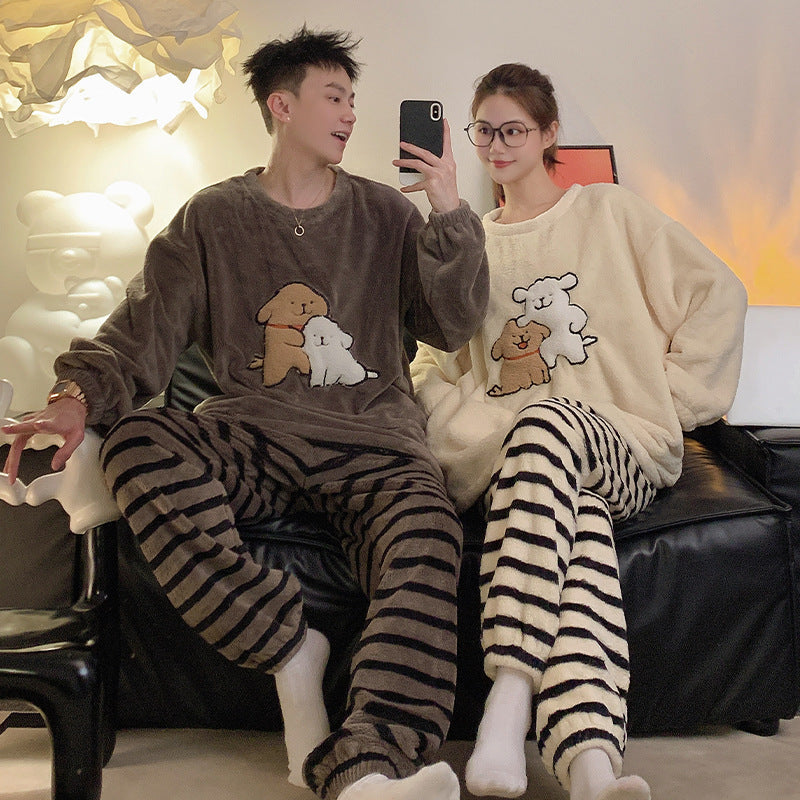 Autumn Winter Flannel Couple Pajamas Thickened Coral Fleece