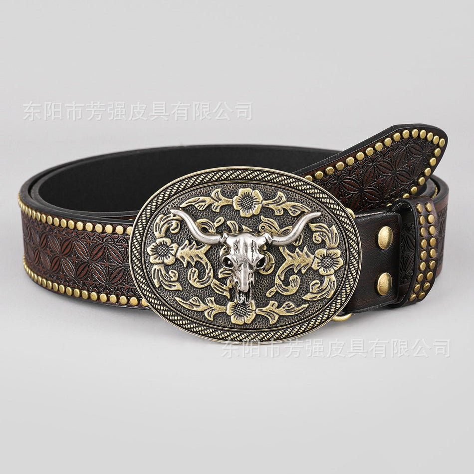 Western Mongolian Denim Belt – Rivet Detail Men’s