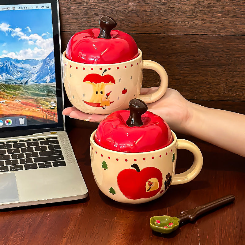 Cartoon Apple Ceramic Mug with Lid & Spoon