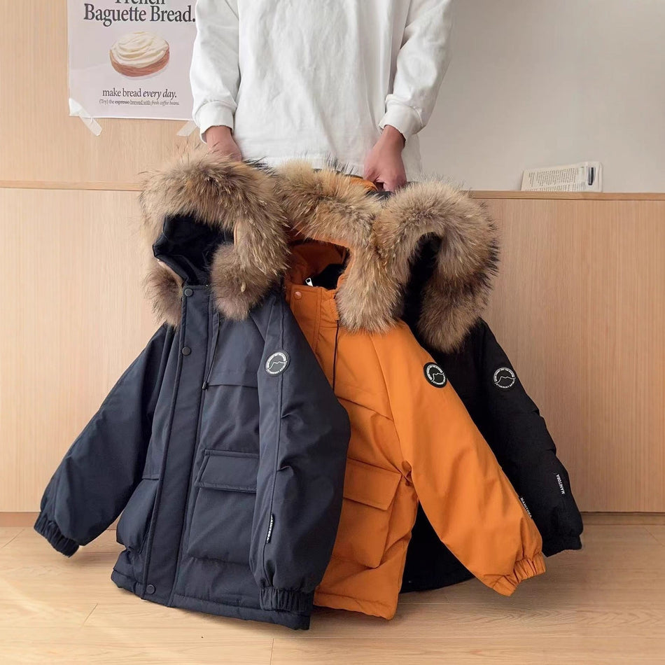 Kids Real Fur Collar Winter Parka Warm Cotton Jacket