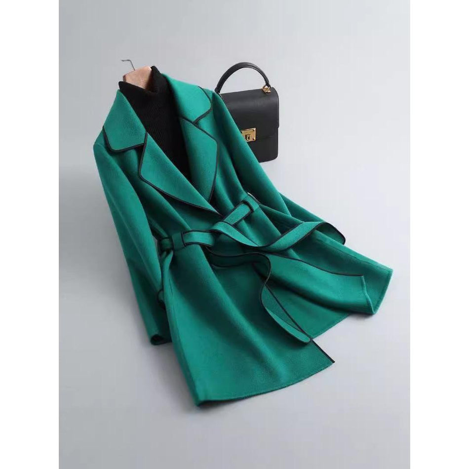 Color-Block Korean Mid-Length Woolen Coat