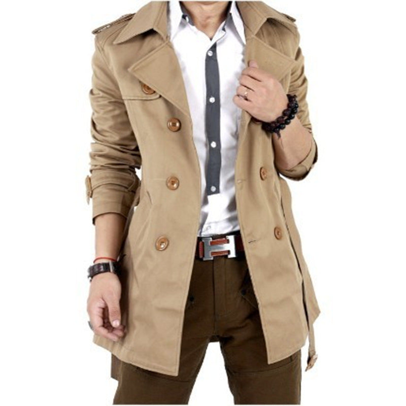 Men’s Korean Double-Breasted Mid-Length Trench Coat