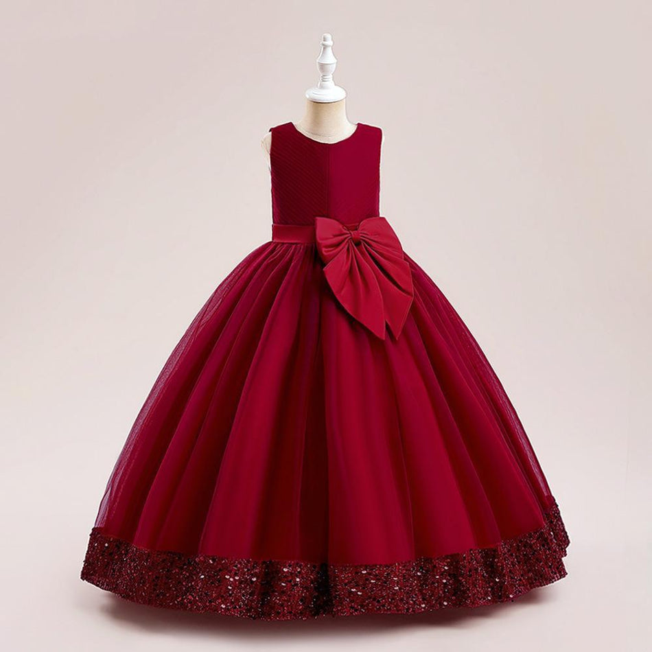 Girls Sequined Bow Princess Flower Girl Party Dress