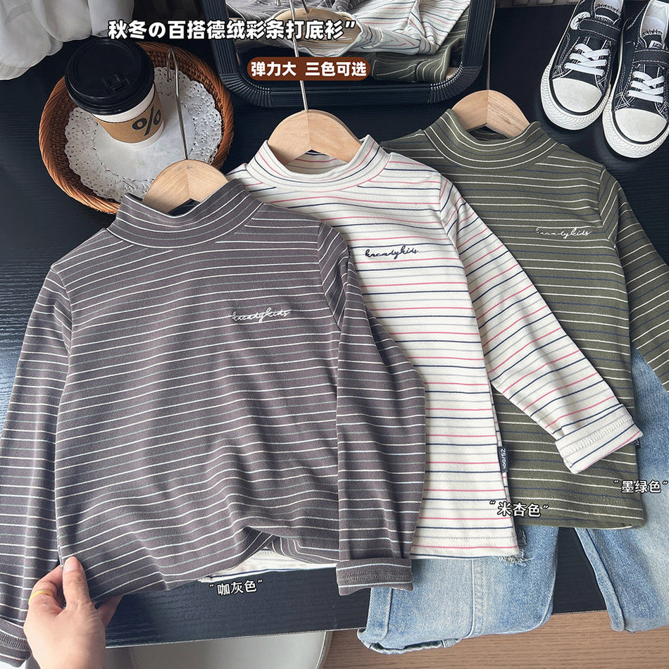 2025 Autumn Children's Striped Boys' Mid-High Collar T-Shirt