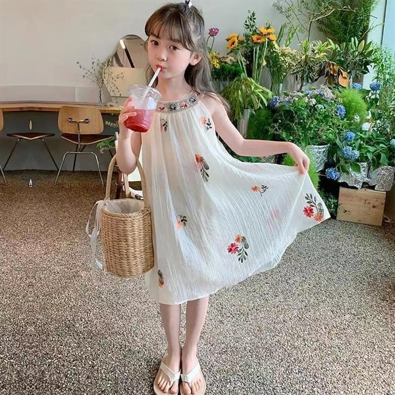 Girls Mesh Embroidered Strap Dress Summer Beach Style – Summer Kids Fashion Nepal | Tudoholic