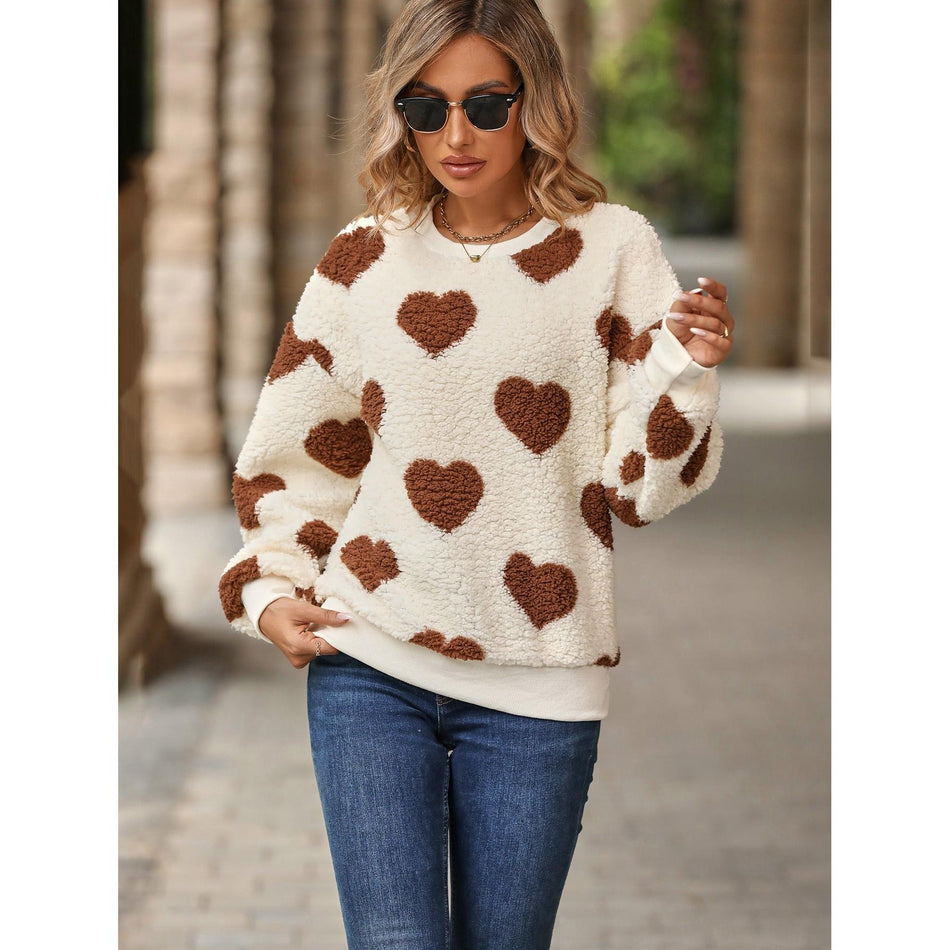 Flash Velvet Plush Love Print Loose Round Neck Pullover Sweater