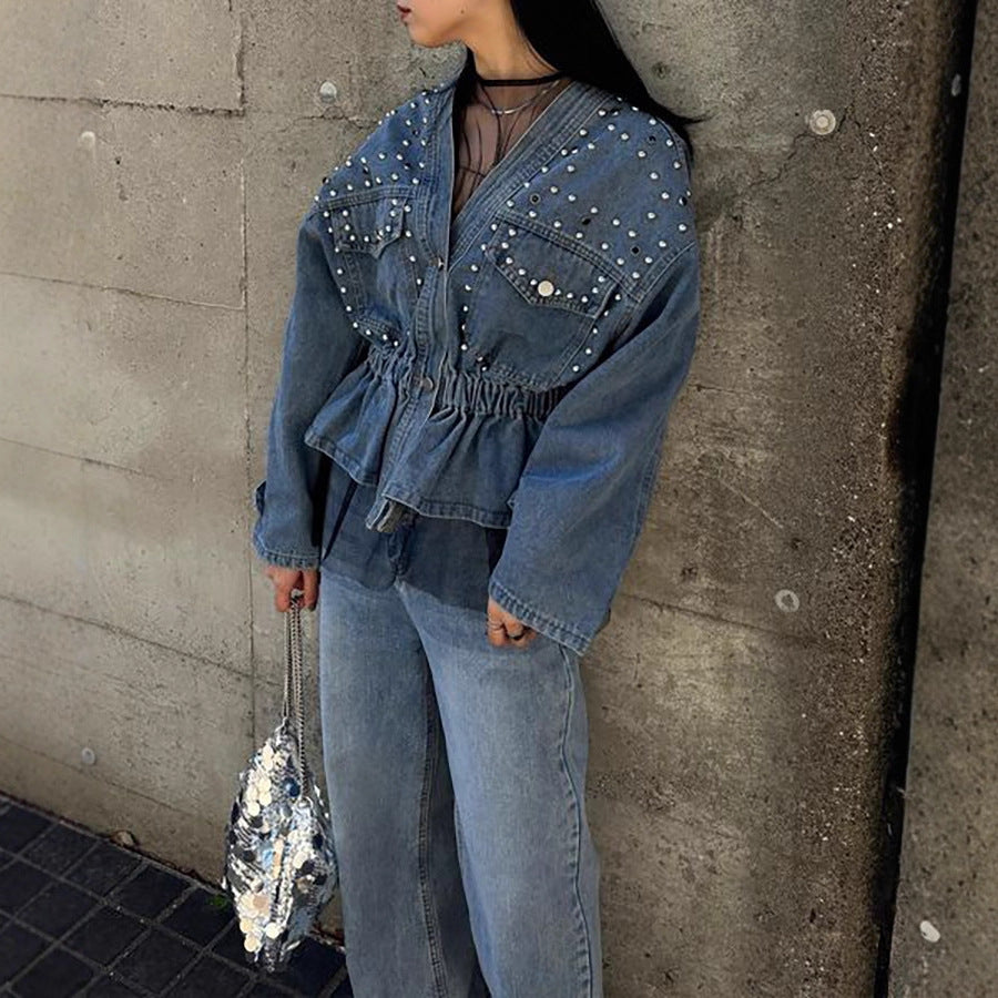 Diamond Beaded Loose Denim Jacket
