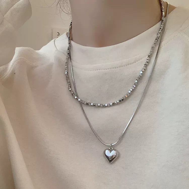 Double-Layer Silver Love Necklace – Trendy Clavicle Chain