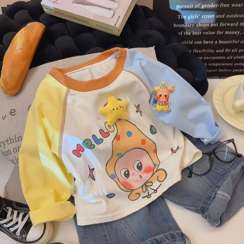 Girls' Cotton Cartoon Contrast Long Sleeve T-Shirt