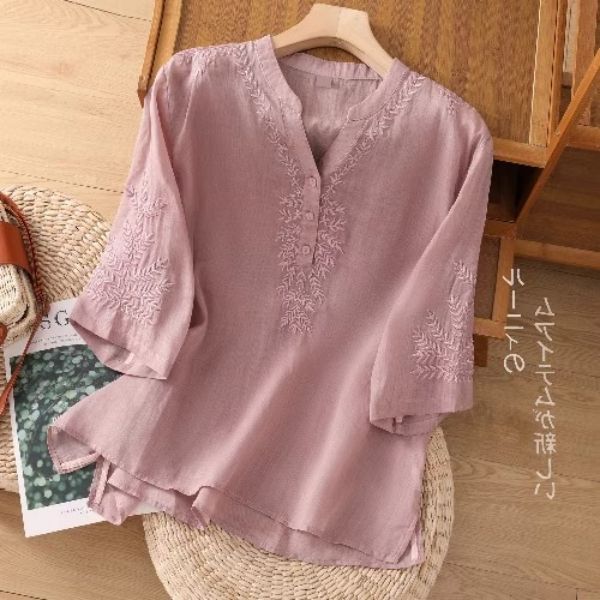 Embroidered V-Neck Cotton Linen Shirt