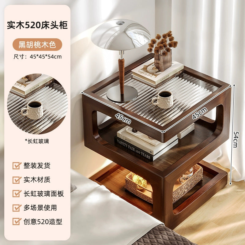 Solid Wood Bedside Storage Cabinet with Lamp
