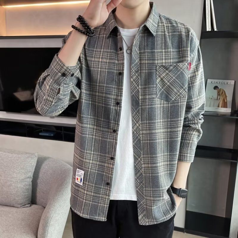 Men's Plaid Loose Long-Sleeve Hong Kong-Style Casual Jacket