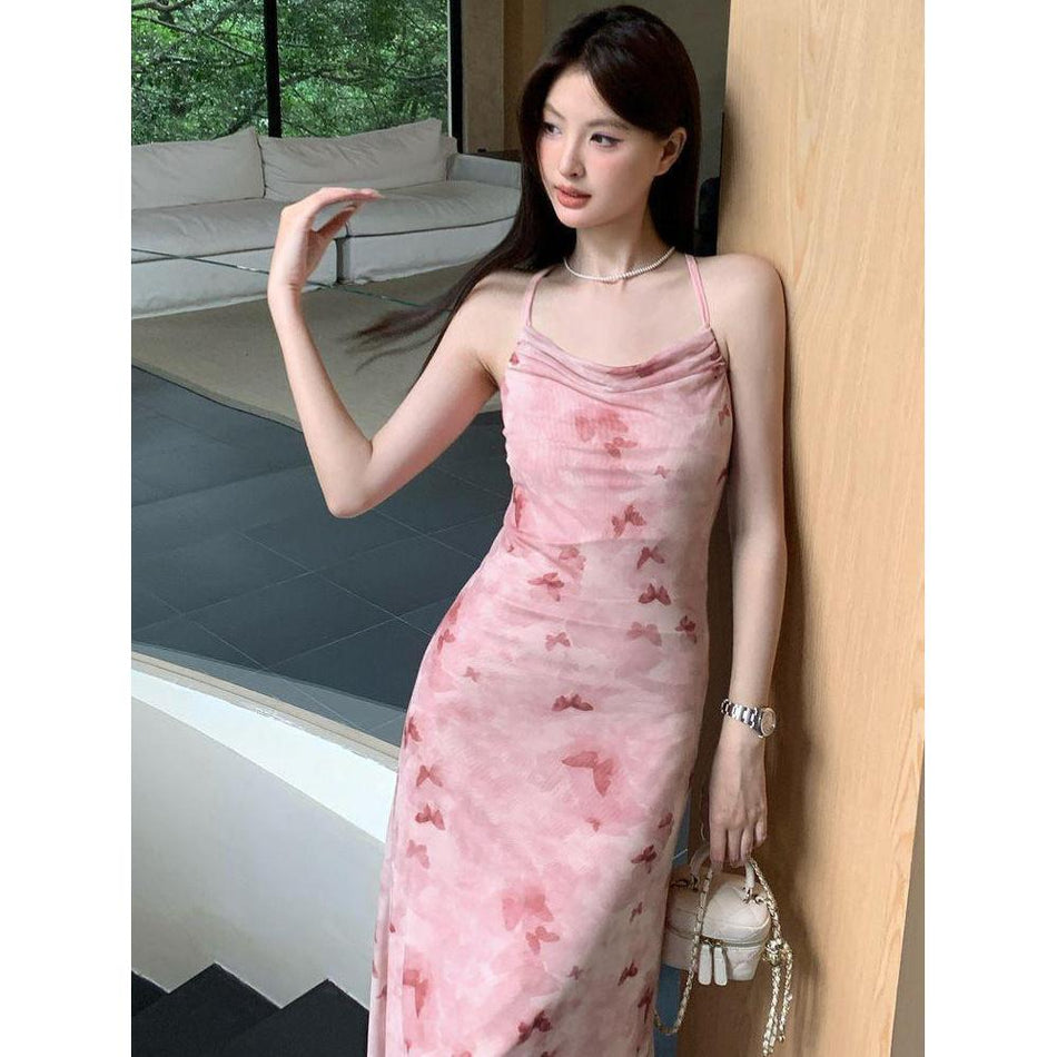 French Ruffled Butterfly Print Mesh Dress
