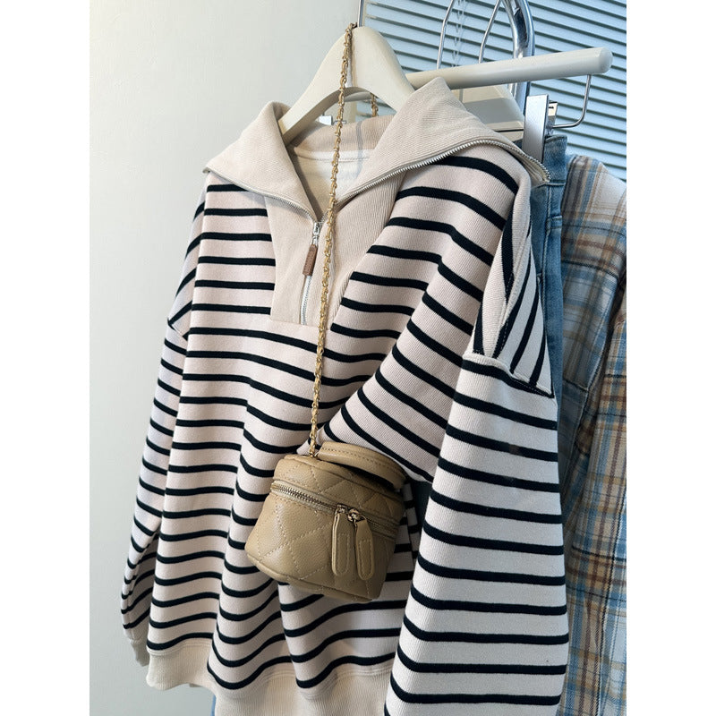 Striped Half-Zip Pullover – Loose Plus Size Sweatshirt