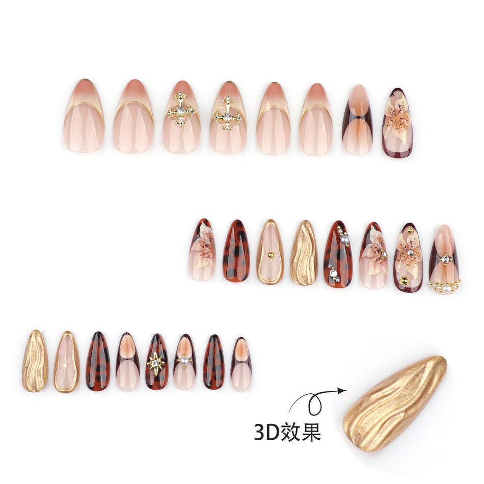 3D Flower Tortoiseshell Short Almond Fake Nails – Wearable