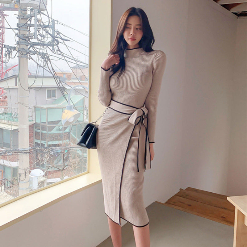 Women’s Korean-Style Half-Turtleneck Slim Knit Dress
