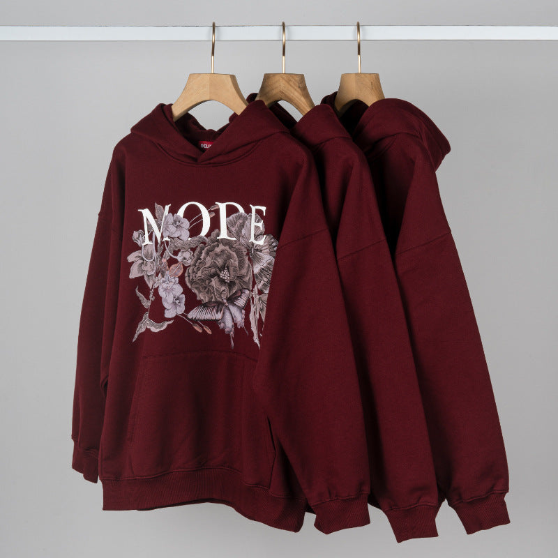 Wine Red Hoodie – Couple Oversize Retro Fleece Sweatshirt