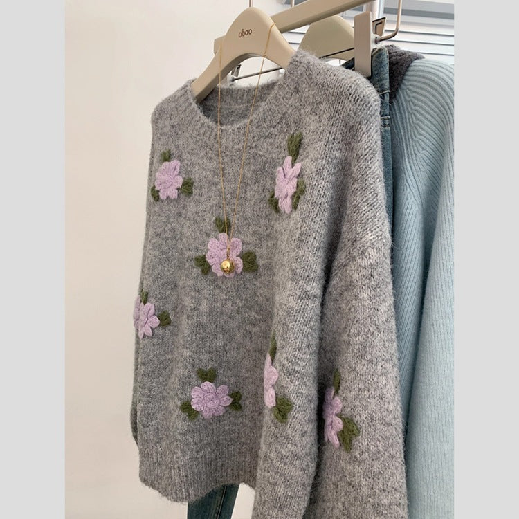 Gray Round Neck Pullover Flower Embroidered Knitwear Top Slim