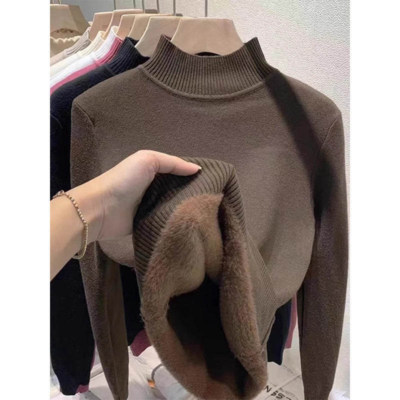 Korean-Style Velvet High-Neck Sweater – Women’s Winter