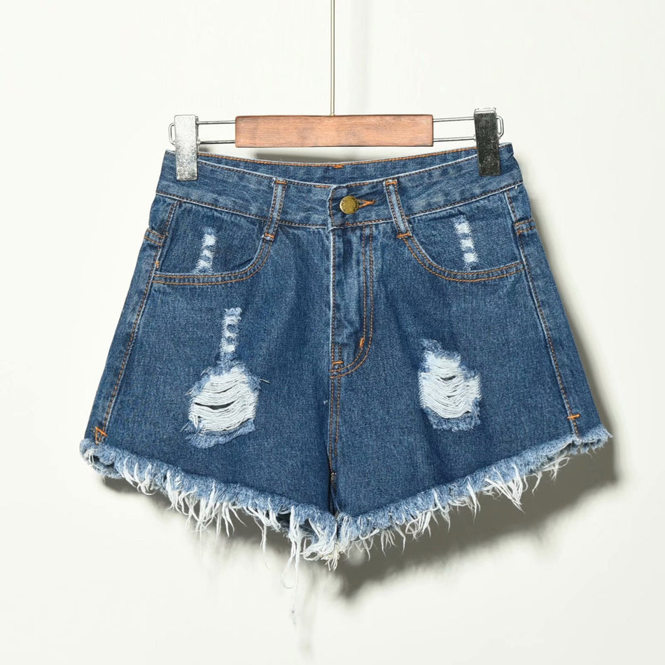 Raw Edge Ripped A-Line Denim Shorts for Women Street Style