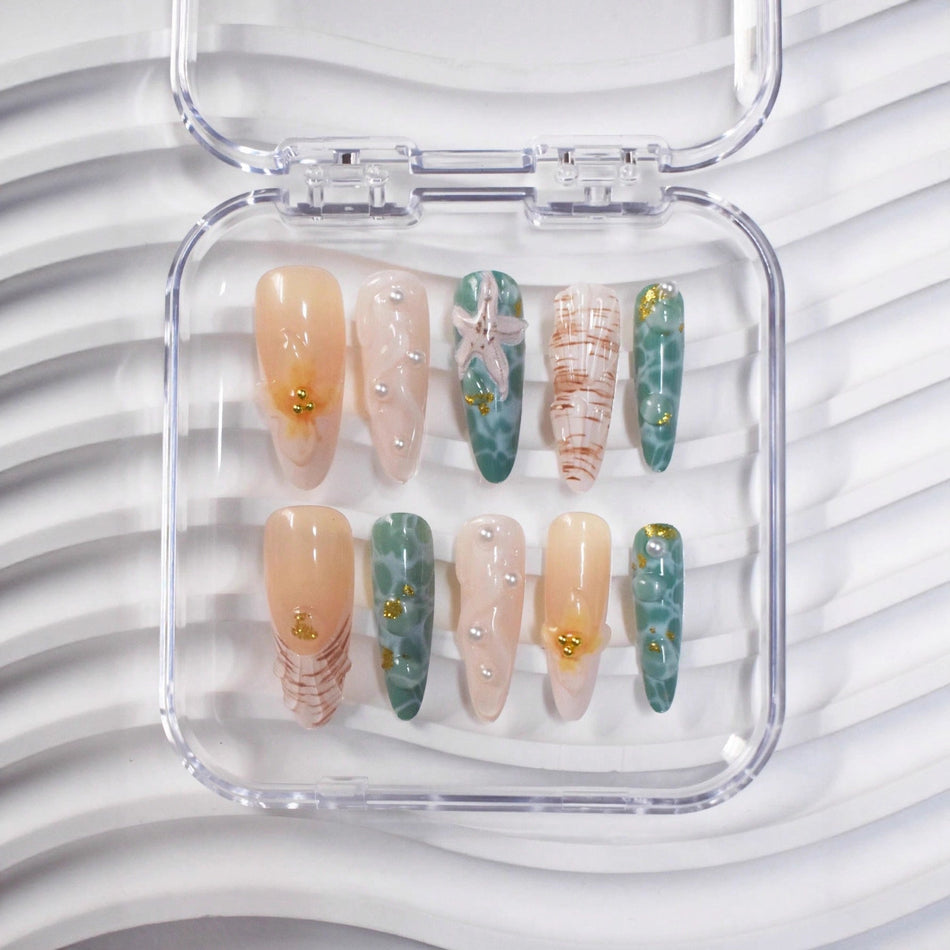 Ocean Shell & Starfish Almond Fake Nails (10pcs)