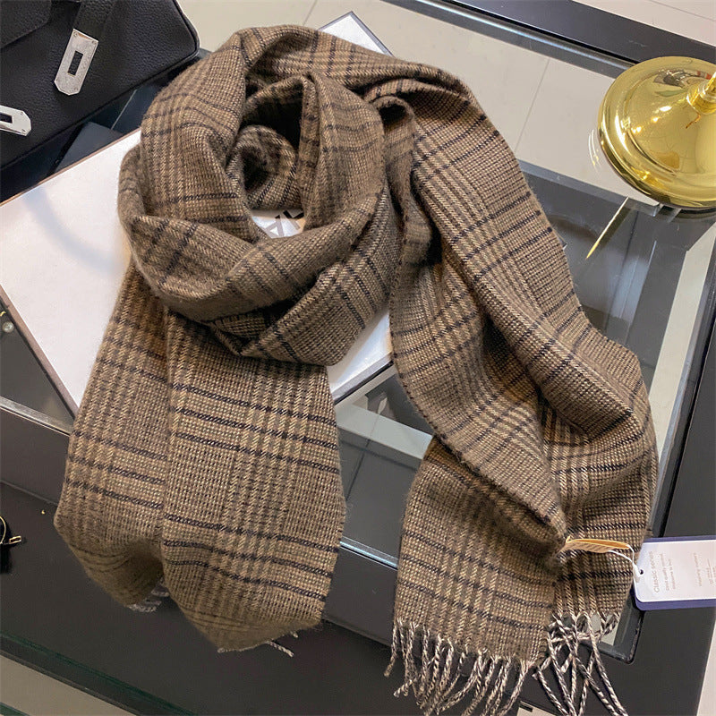 100% Wool Retro Plaid Scarf Men & Women Narrow Warm Shawl