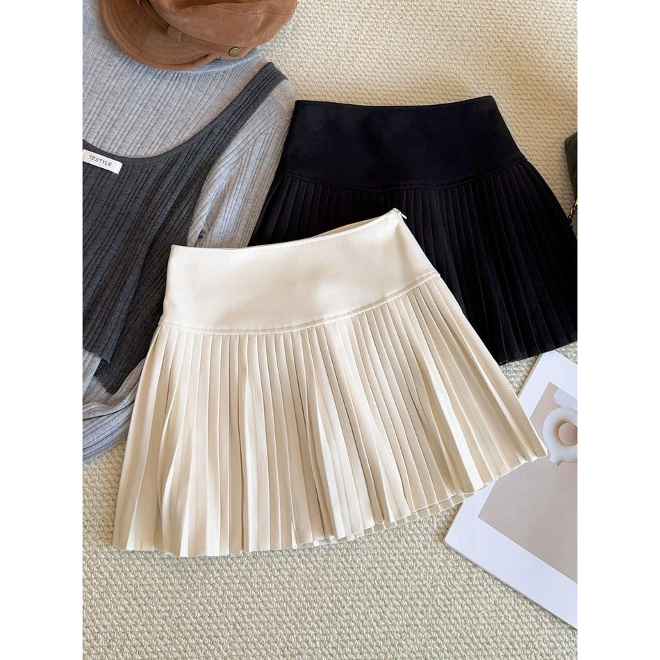 STOCK-College Style Woolen High Waist Pleated A Line Skirt Fit