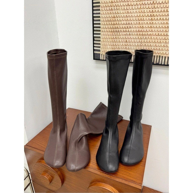 Women’s Retro Round-Toe Long-Tube Elastic Boots 2026 Autumn