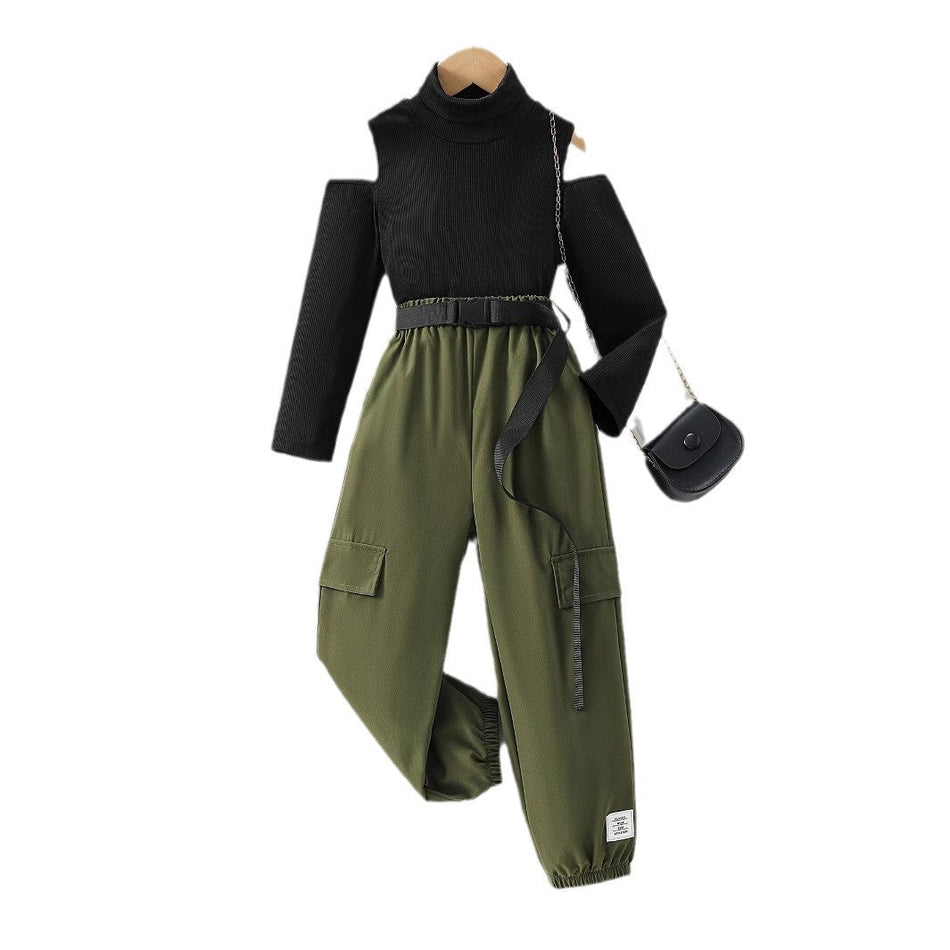 Girls' Green Two-Piece Set – Stylish Knit Top & Wide-Leg Pants