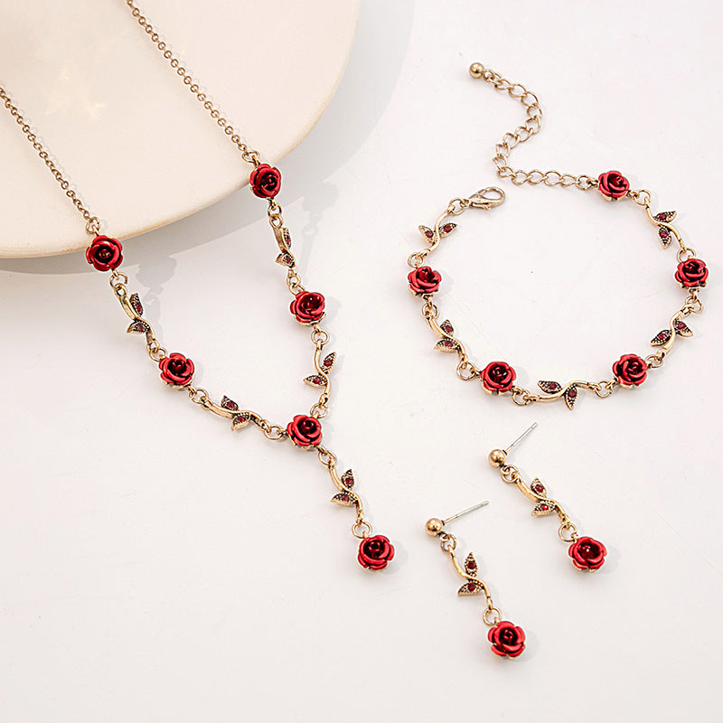Retro Rose Jewelry Set | Necklace, Earrings & Bracelet Set