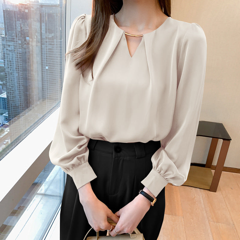 French V Neck Chiffon Shirt Long Sleeve Loose Casual