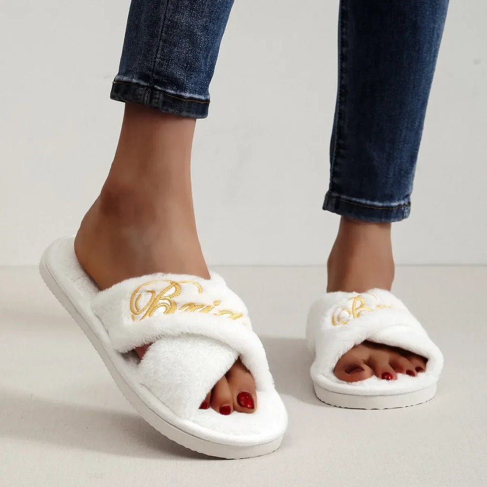 Embroidered Wool Plush Slippers – Warm & Cozy Indoor Wear