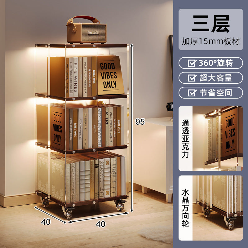 360° Acrylic Rotating Solid Wood Bookshelf Storage Rack