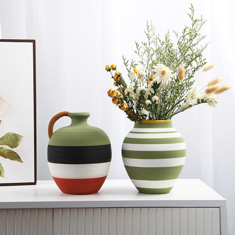 Retro Big Belly Ceramic Vase Yellow Green for Home Decor