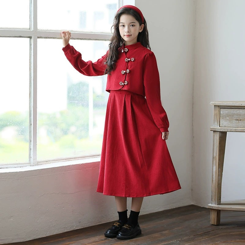 Girls’ Chinese-Style Two-Piece Look Dress