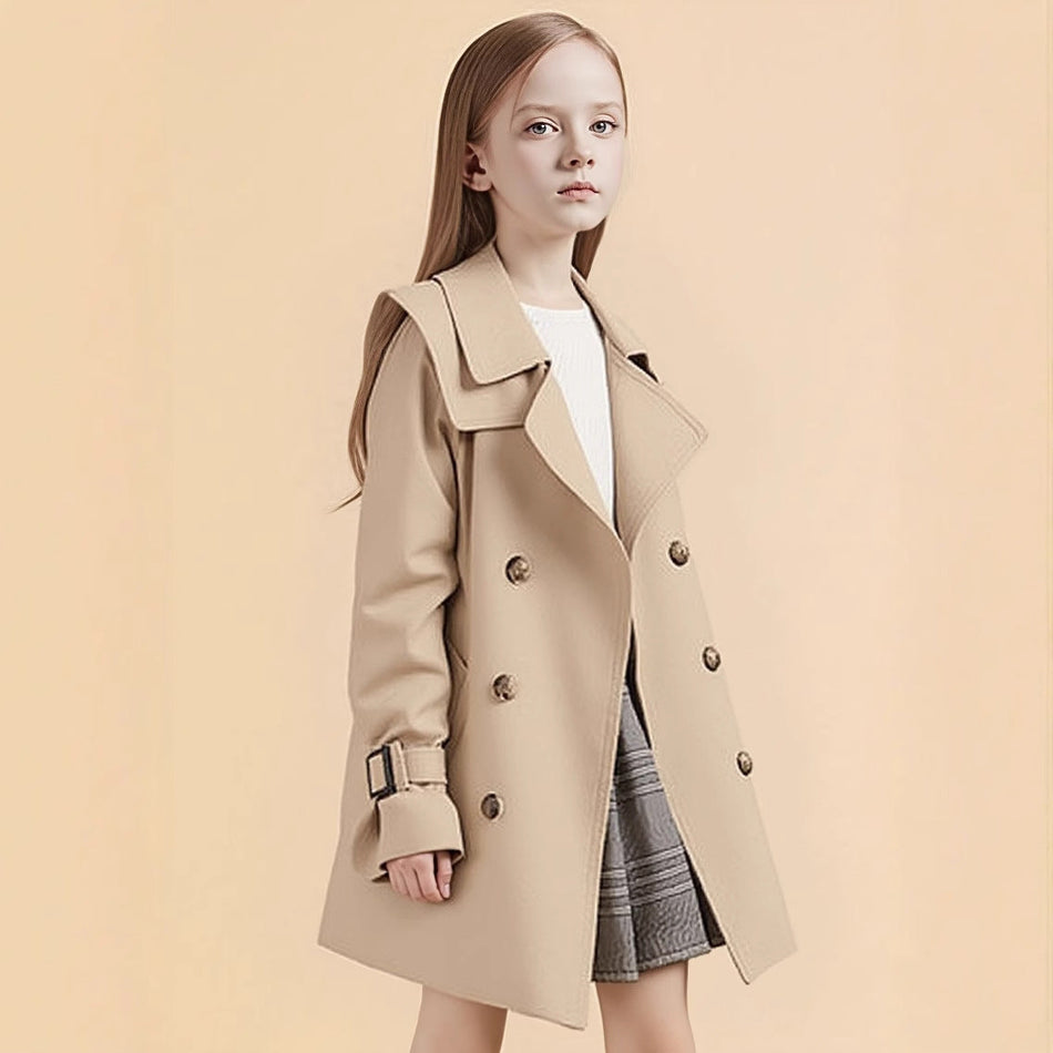 STOCK-Girls’ Mid-Length Hooded Trench Coat