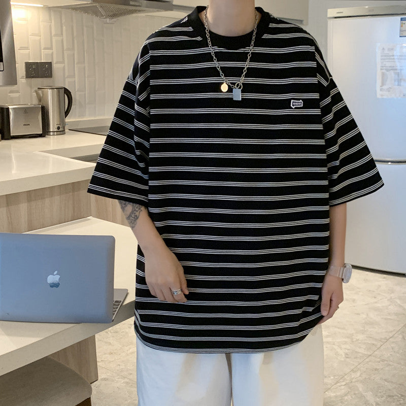 Korean-Style Striped Men's Half-Sleeve T-Shirt