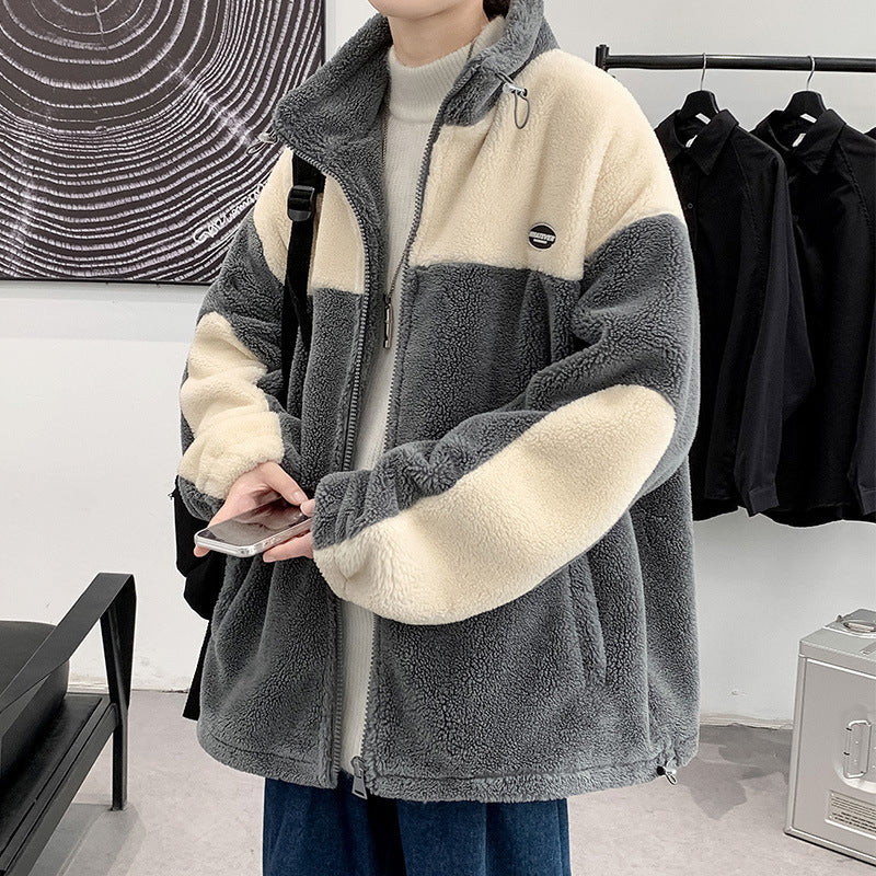 INSTOCK-Men’s Lamb Wool Contrast Stitch Fleece Jacket