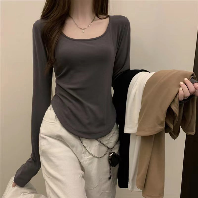 Irregular U-Neck Slim Long Sleeve T-Shirt