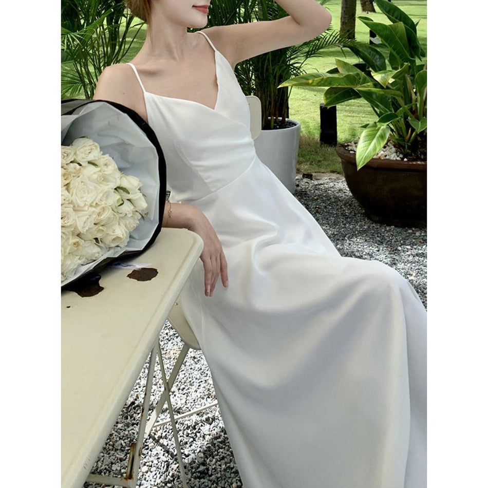 STOCK-Satin Backless Strap Beach Holiday Dress