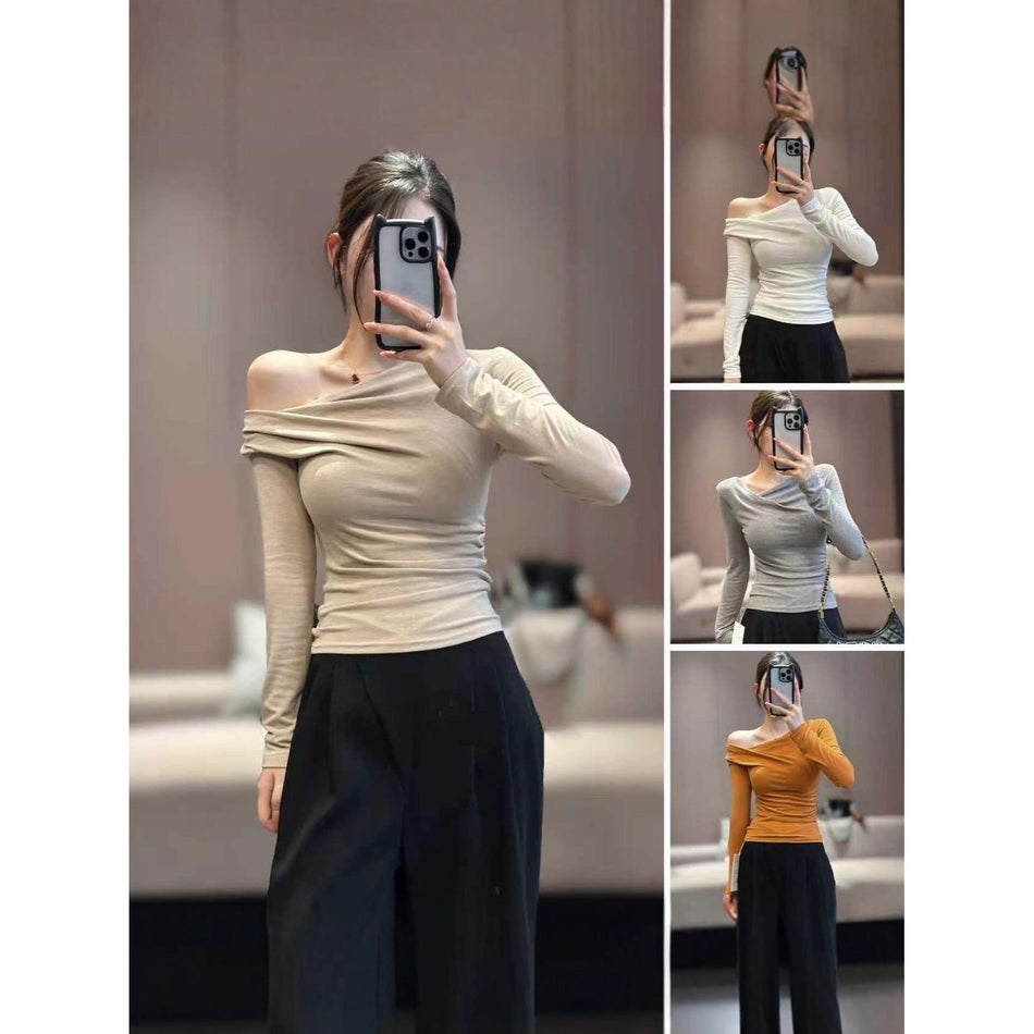 Slanted Shoulder Long-Sleeve Slim Top