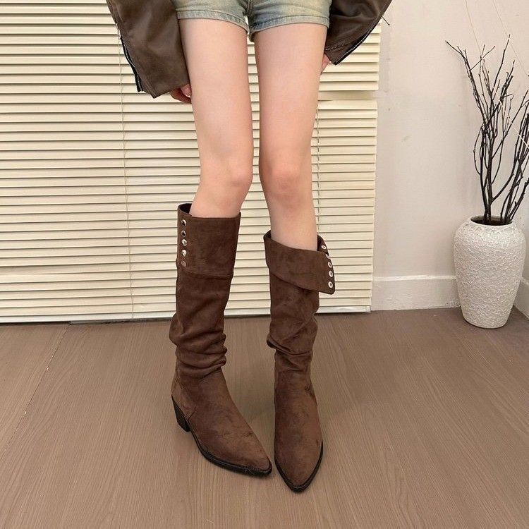 STOCK-Women’s Pointed Toe Chunky Heel Knee-High Boots 2026 Spring