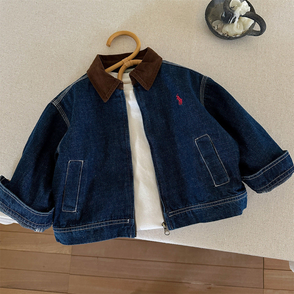Boys Colorblock Denim Jacket 2025 Japanese Casual Zip Top