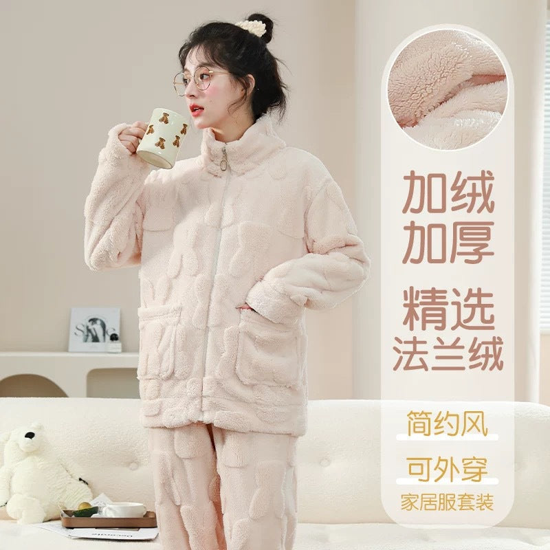 Women’s and Men’s Flannel Pajamas Autumn Winter Hooded Zipper Set