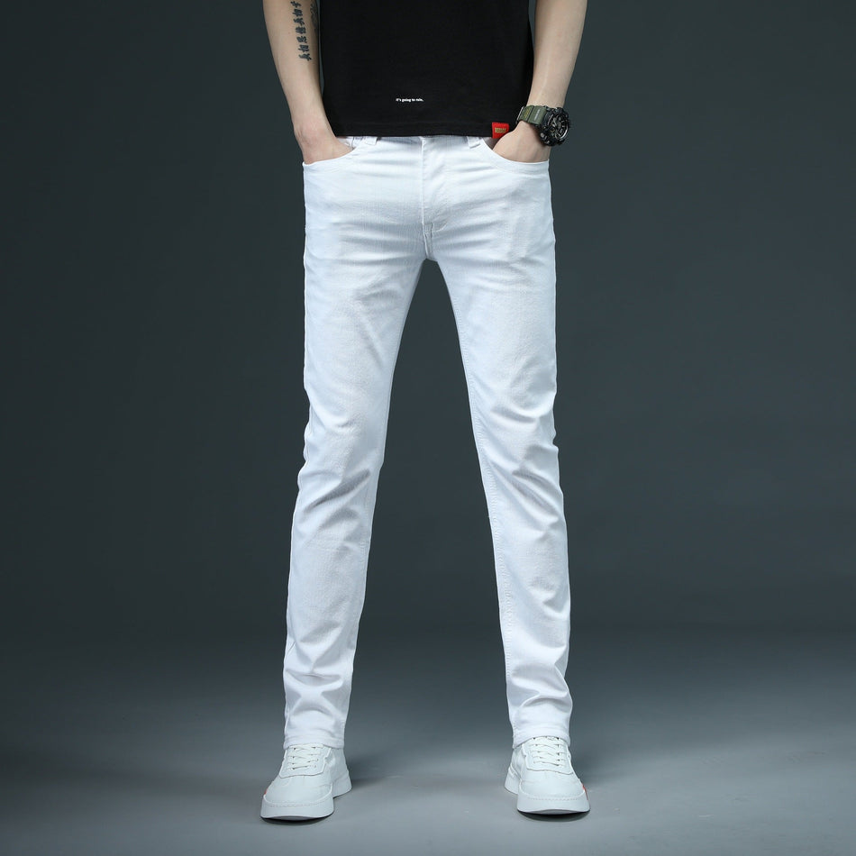 Pure White Slim Men’s Jeans – Casual Stretch Pants for Students