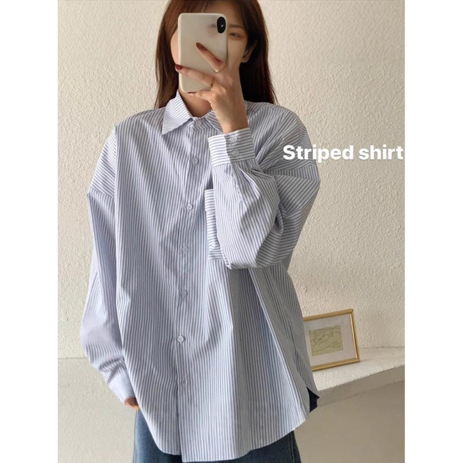 Korean Loose Striped Long Sleeve Shirt Women Autumn