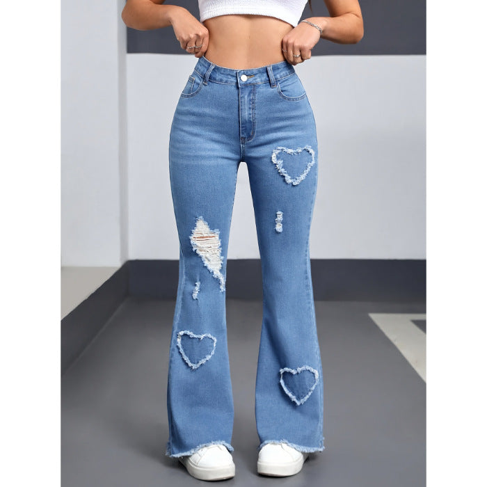 STOCK-Heart-Pattern Ripped Flared Jeans