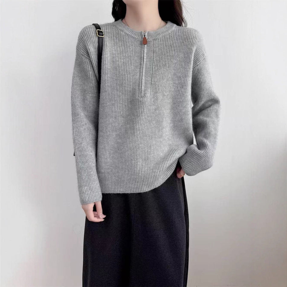 Half-Zip Knit Sweater – Casual Loose Winter Pullover