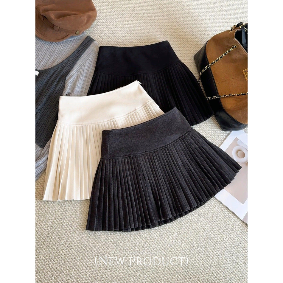 STOCK-College Style Woolen High Waist Pleated A Line Skirt Fit